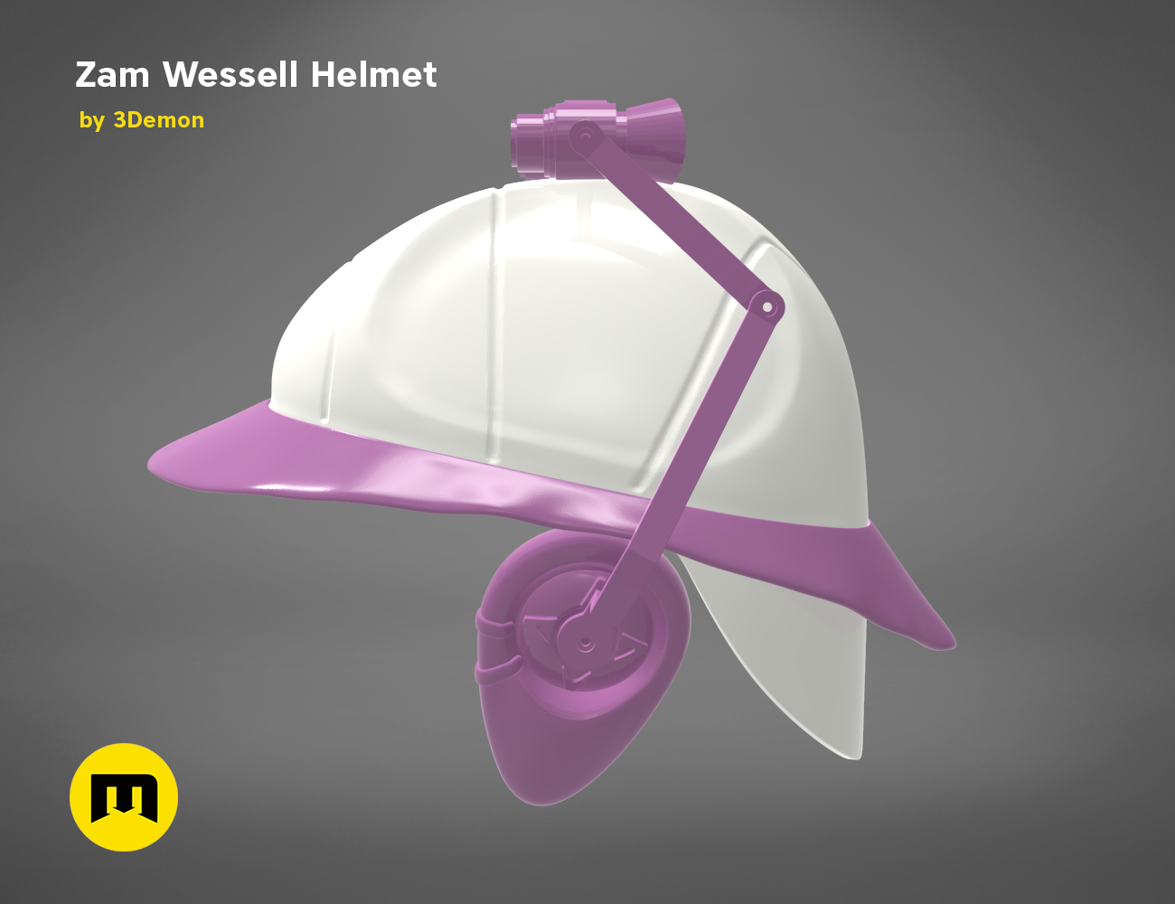 3D model render of Zam Wesell Helmet STL, purple and white 3D print cosplay accessory, top view