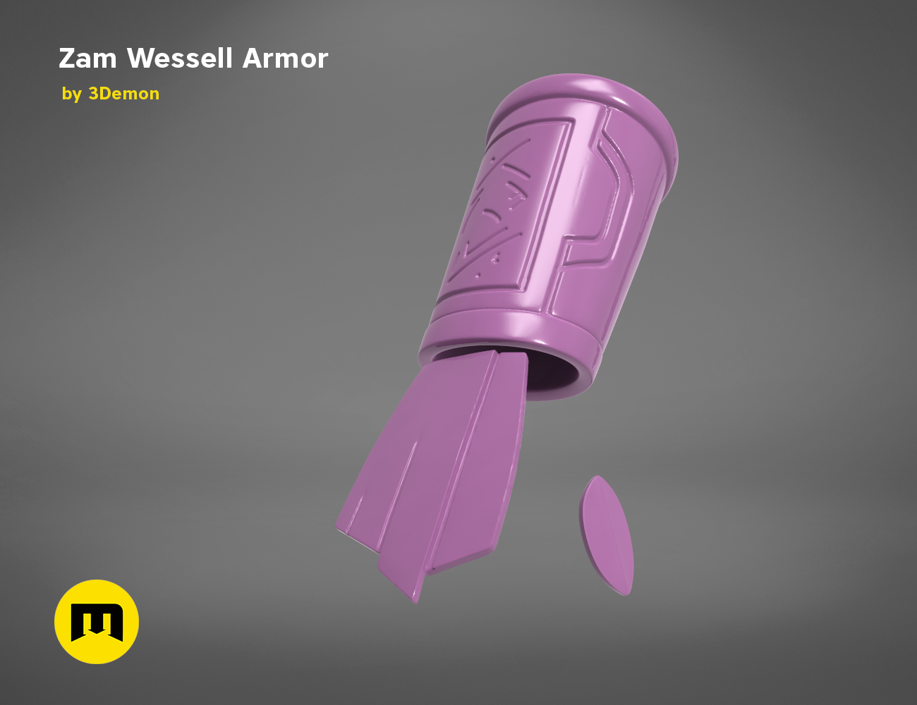 Digital 3D render of Zam Wesell Armor STL, purple 3D printed cosplay prop, side view.