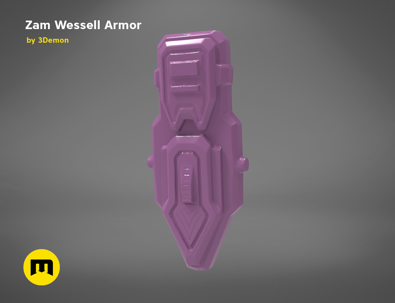 3D model render of Zam Wesell Armor STL, purple 3D printed cosplay prop, front view