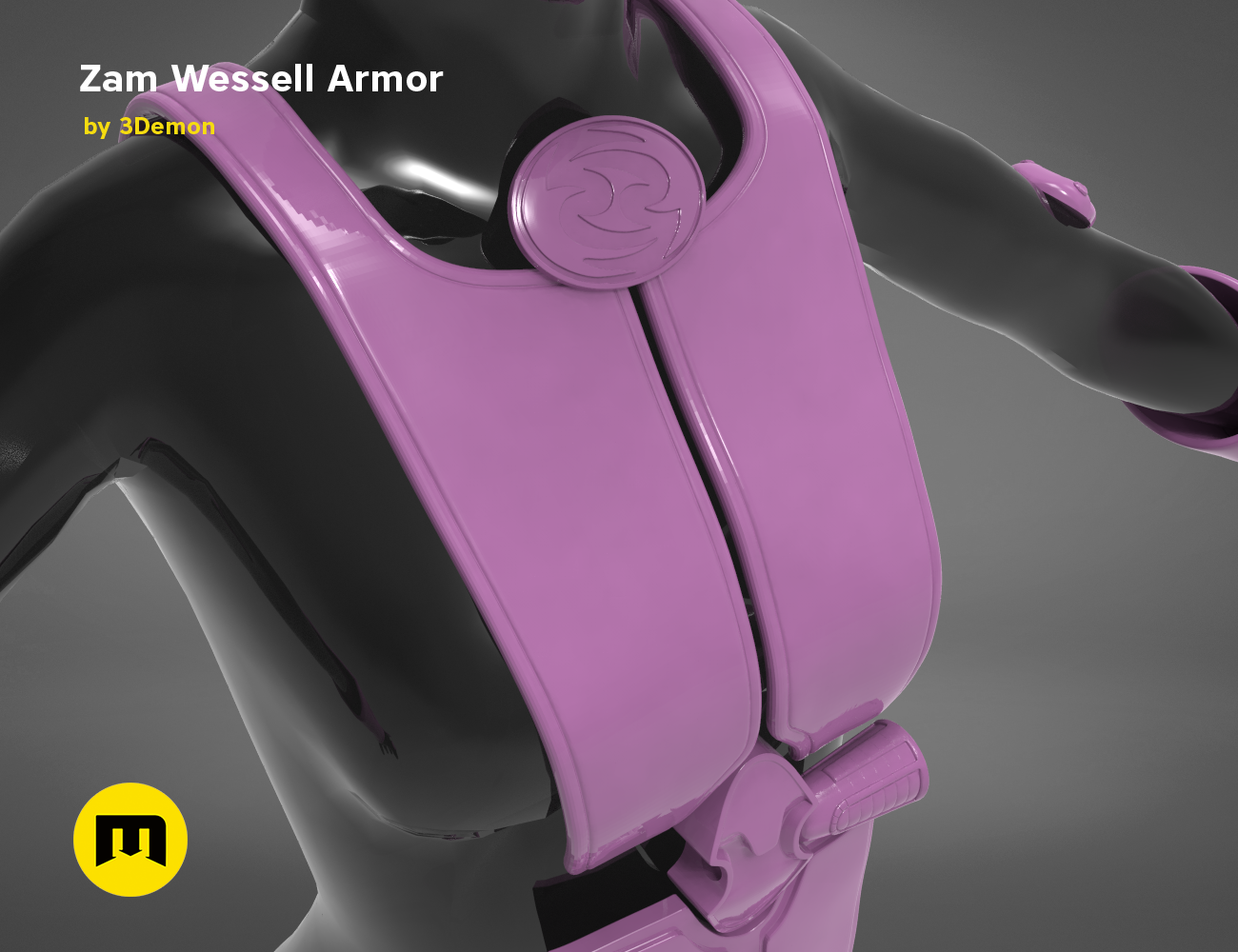 Zam Wesell Armor STL, purple 3D printed cosplay armor, chest and shoulder view