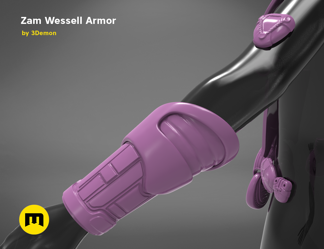 3D visualization of Zam Wesell Armor STL, purple 3D printed cosplay prop, side view