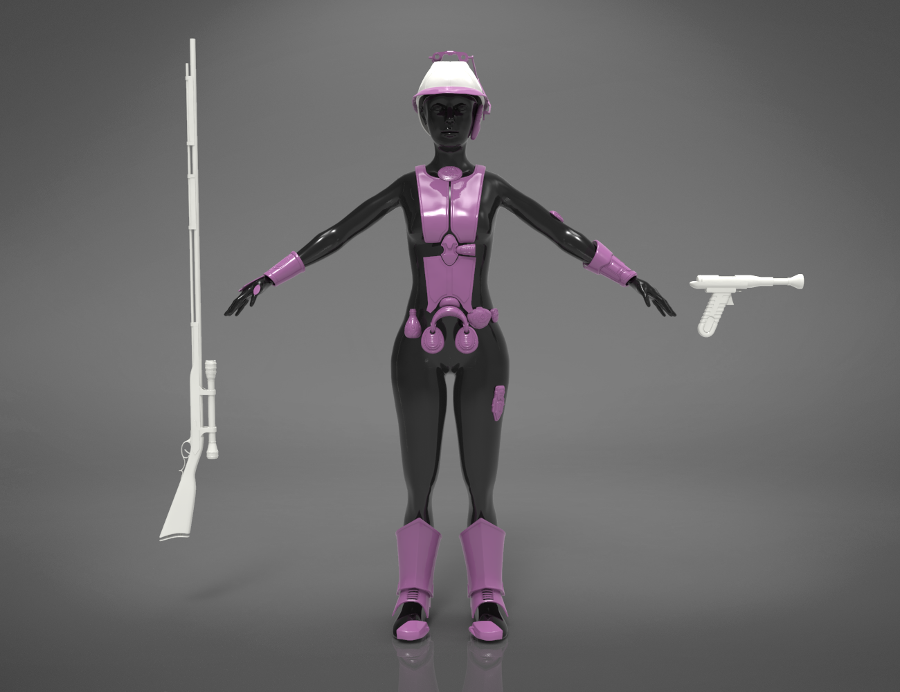 3D visualization of Zam Wesell Bundle STL, purple-black cosplay prop with rifle and blaster, 3D print.