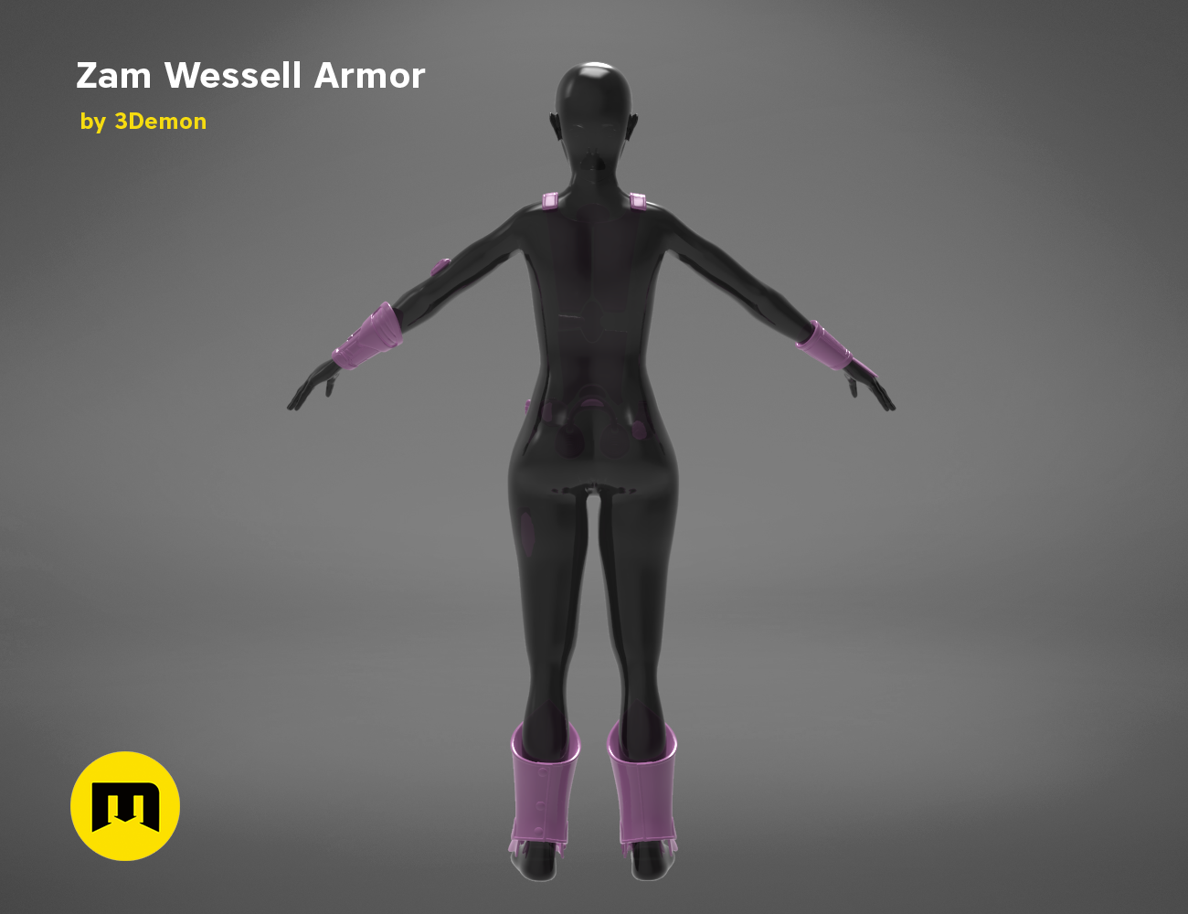 STL preview of Zam Wesell Armor, black cosplay prop with purple gauntlets and boots, 3D print.