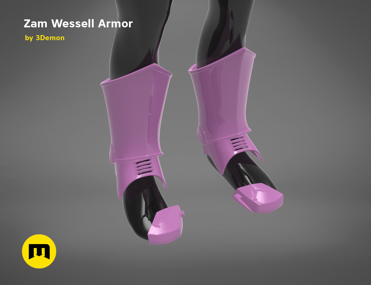 3D model of Zam Wesell Armor STL, purple 3D printed cosplay leg guards with knee pads.