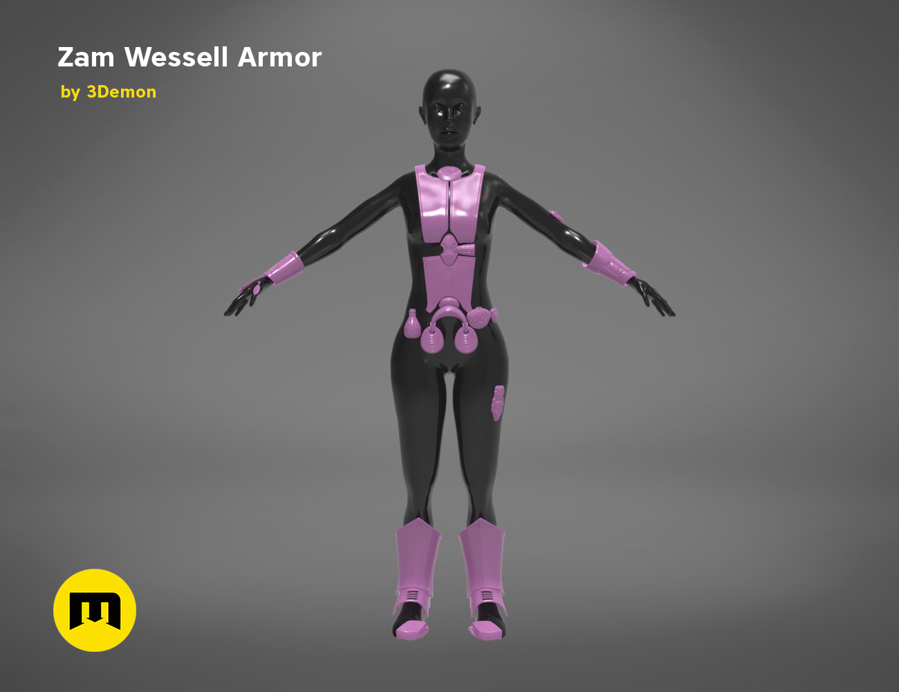 CGI render of Zam Wesell Armor STL, purple and black 3D printed cosplay prop, front view