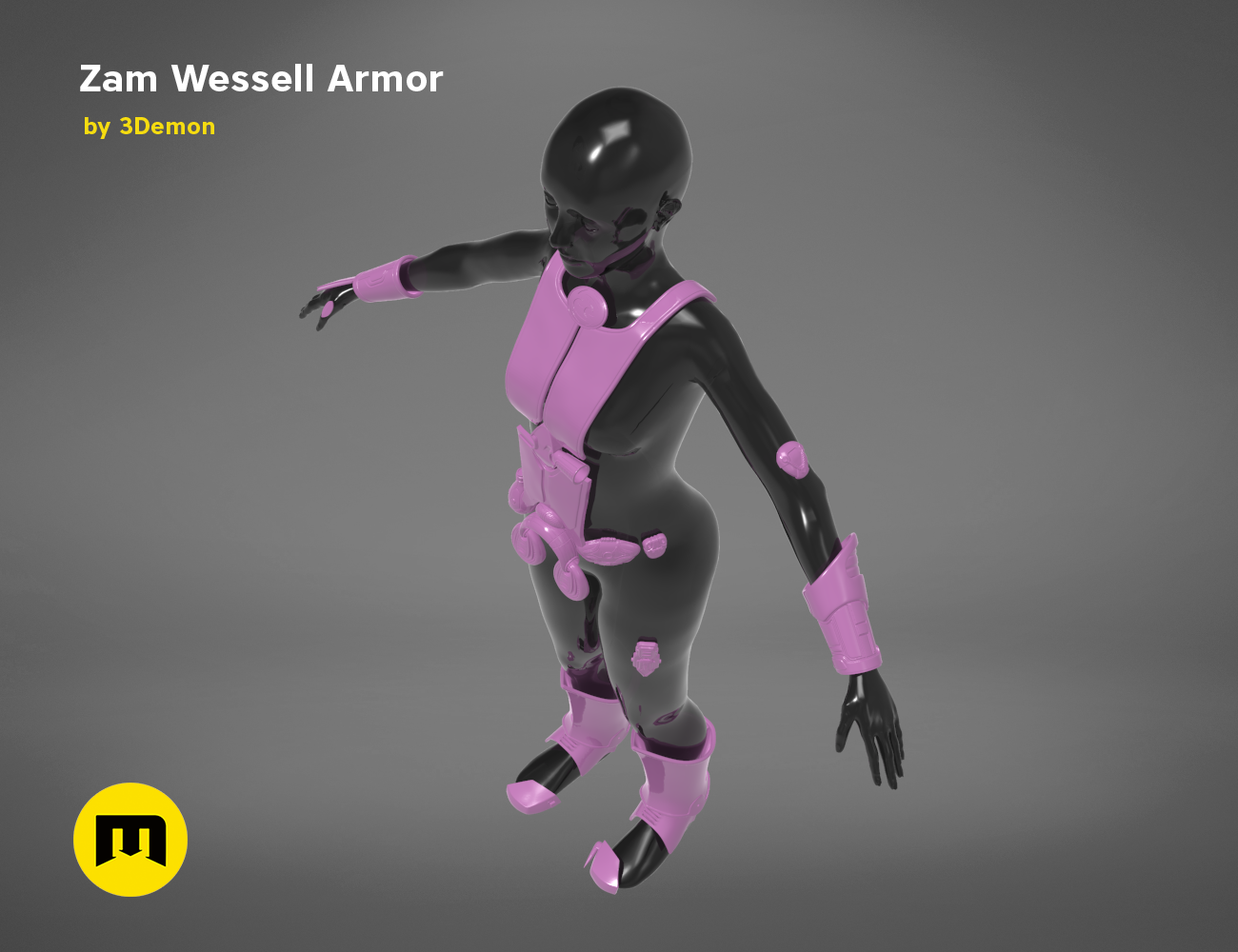 Painted 3D render of Zam Wesell Armor STL, purple and black cosplay prop, dynamic pose.