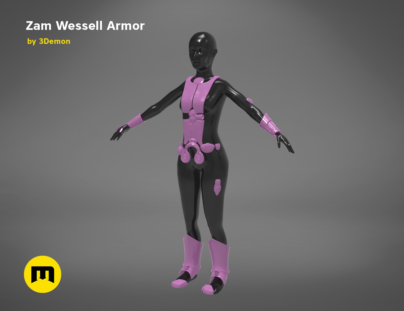 Rendered 3D model of Zam Wesell Armor STL, purple and black cosplay prop, front view 3D print.
