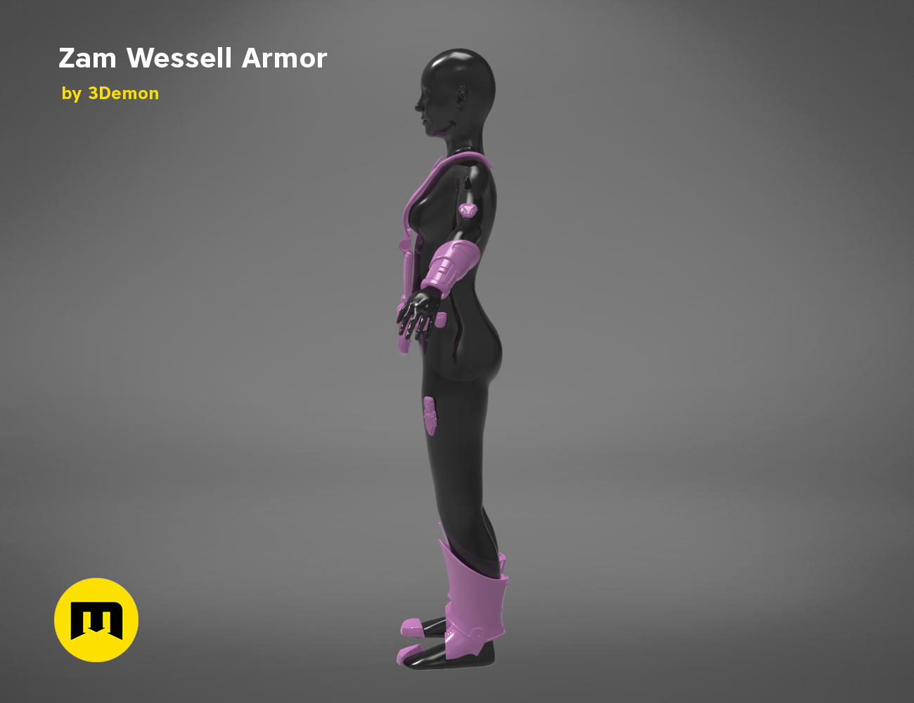 Rendered 3D model of Zam Wesell Armor STL, purple and black cosplay prop, side view 3D print