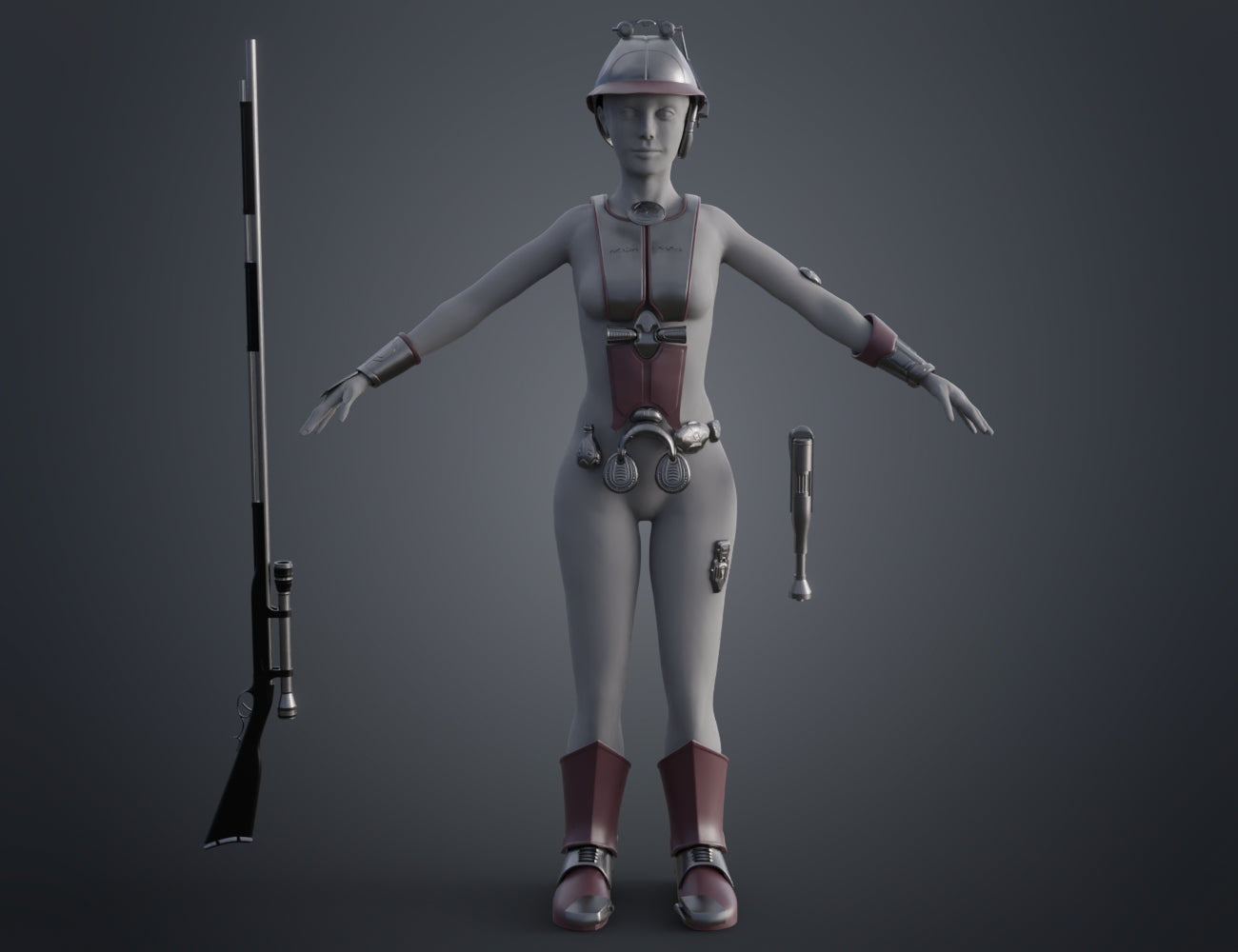 Digital 3D render of Zam Wesell Bundle STL, futuristic cosplay weapon and armor set