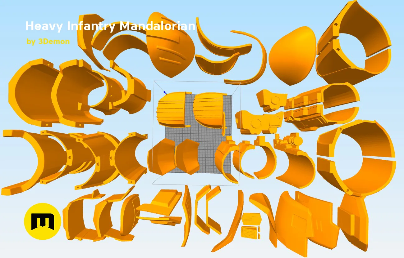 Heavy Infantry Mandalorian Armor STL, exploded view of orange 3D printed cosplay armor parts