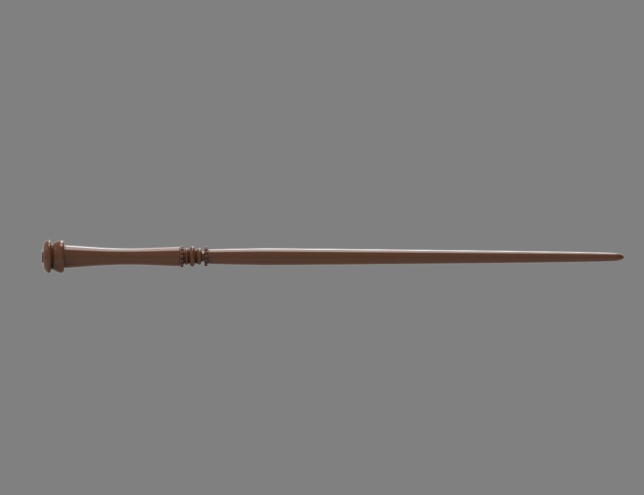 Back view painted render of Rufus Scrimgeour spell wand STL lying horizontally with flat disc pommel on the left side