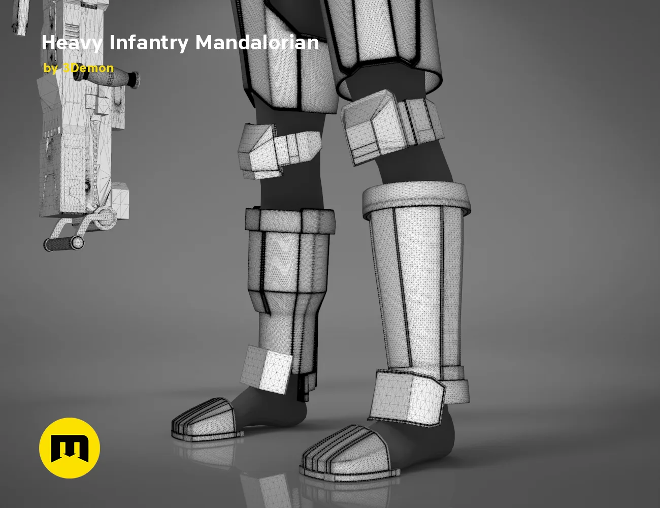 Wireframe mesh render of Heavy Infantry Mandalorian Armor STL, detailed leg panel topology, 3D print cosplay prop