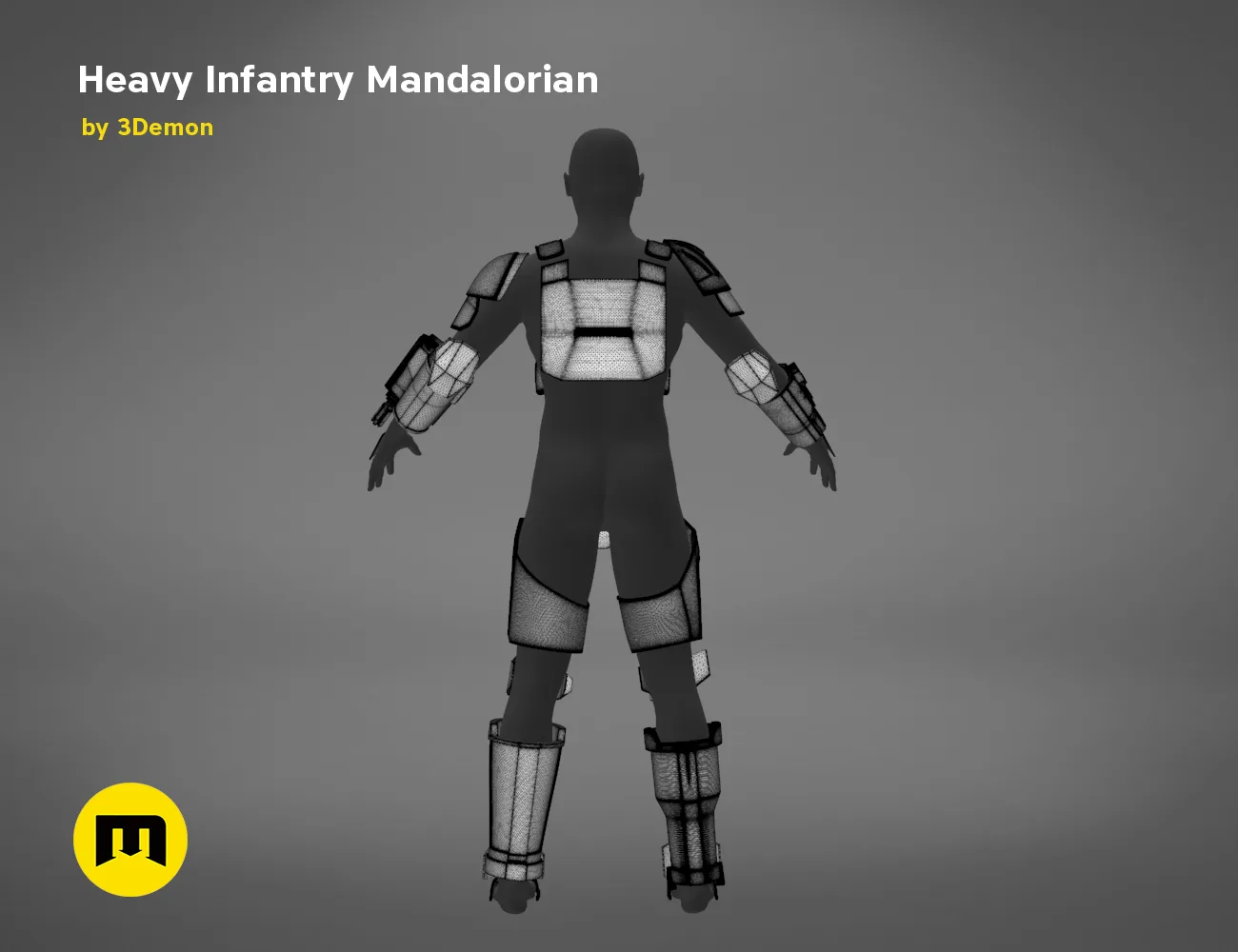 CAD render of Heavy Infantry Mandalorian Armor STL, rear view 3D print cosplay prop.