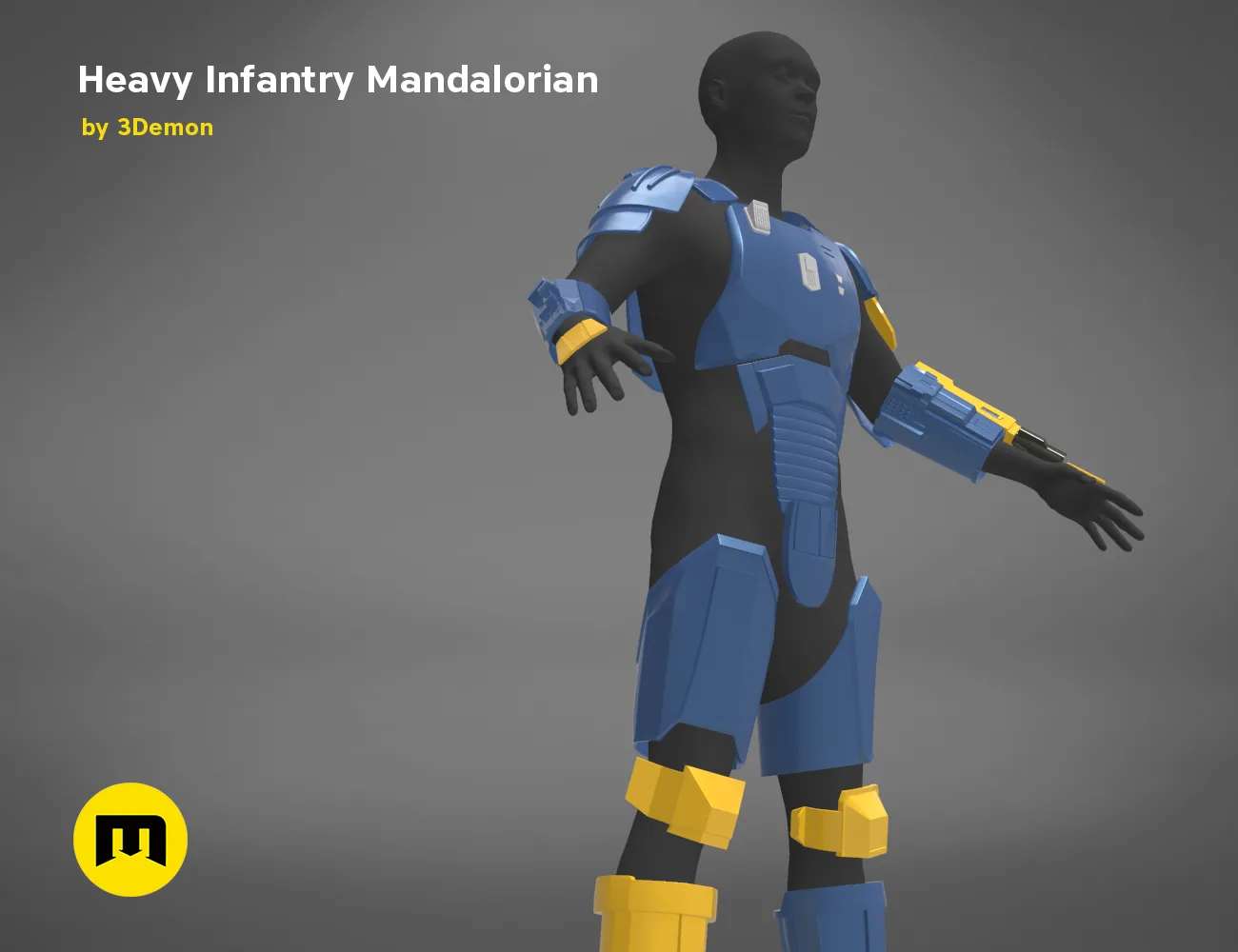 3D model render of Heavy Infantry Mandalorian Armor, blue-black cosplay armor with yellow accents, 3D print.