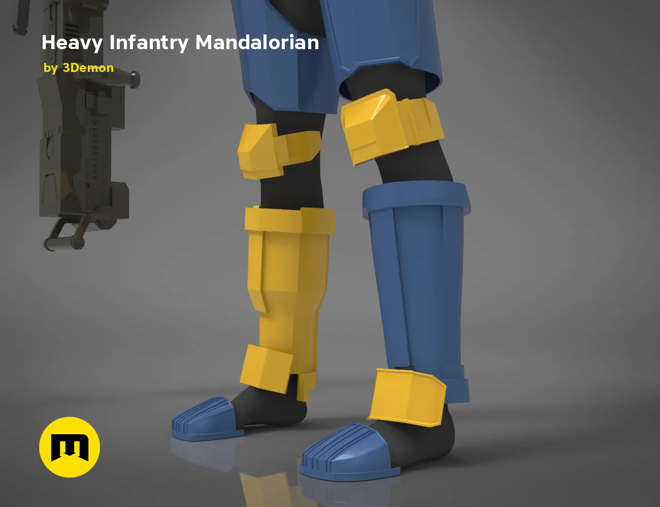 Color-coded parts breakdown of Heavy Infantry Mandalorian Armor STL, leg armor assembly, 3D print cosplay prop