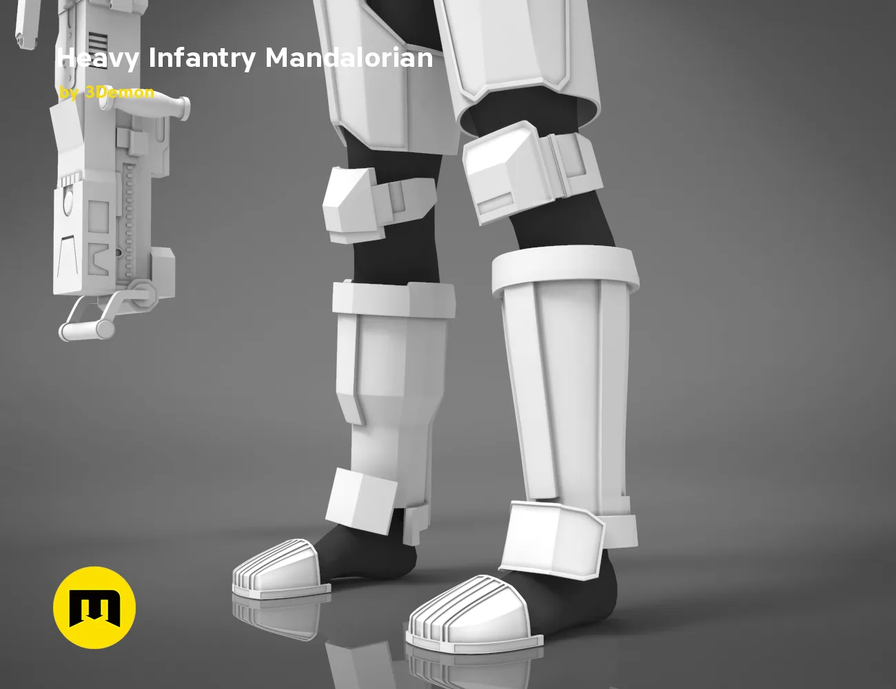 CGI render of Heavy Infantry Mandalorian Armor STL, detailed leg armor and boot design, 3D print cosplay prop.