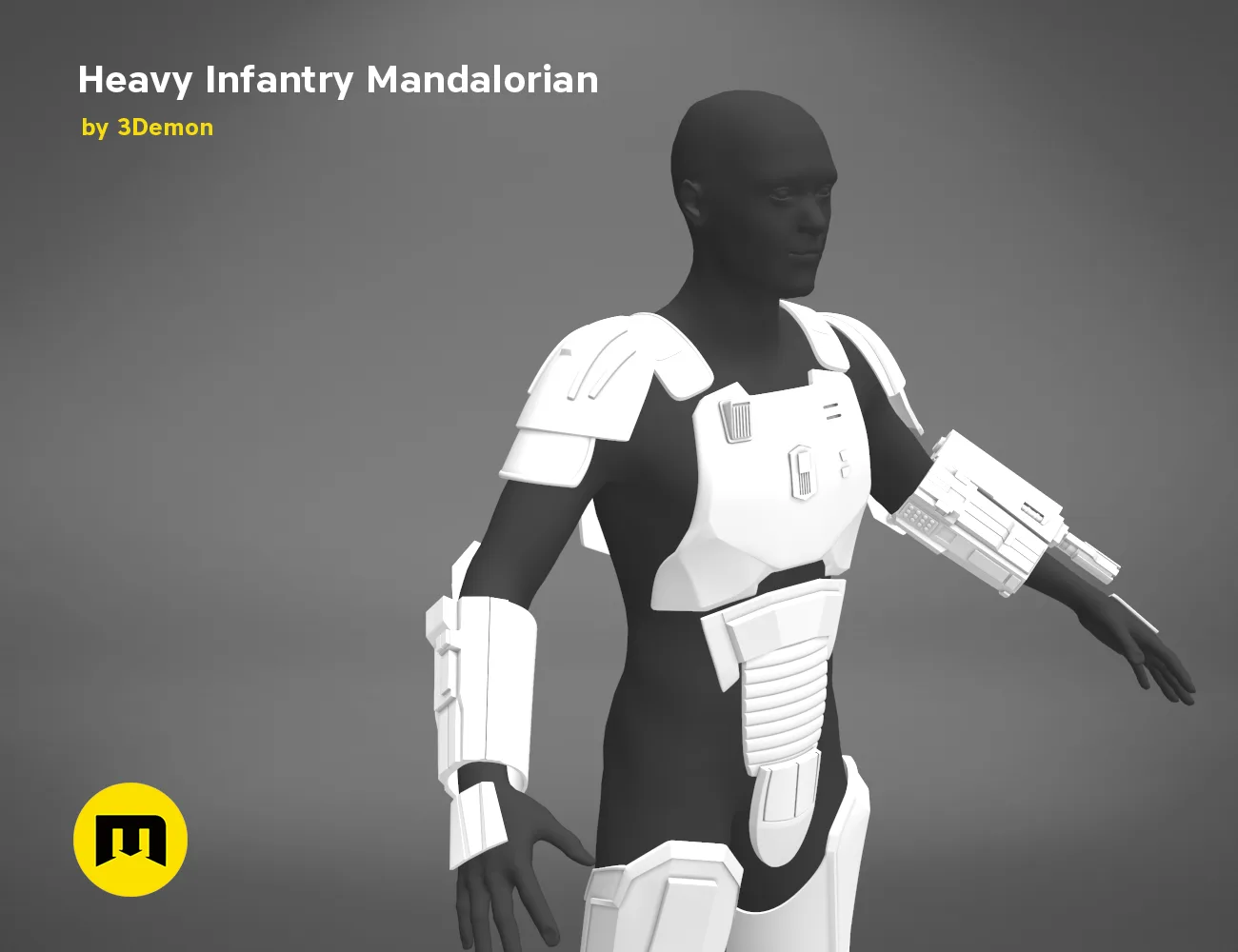 3D model render of Heavy Infantry Mandalorian Armor STL, white 3D printed cosplay prop, side view.