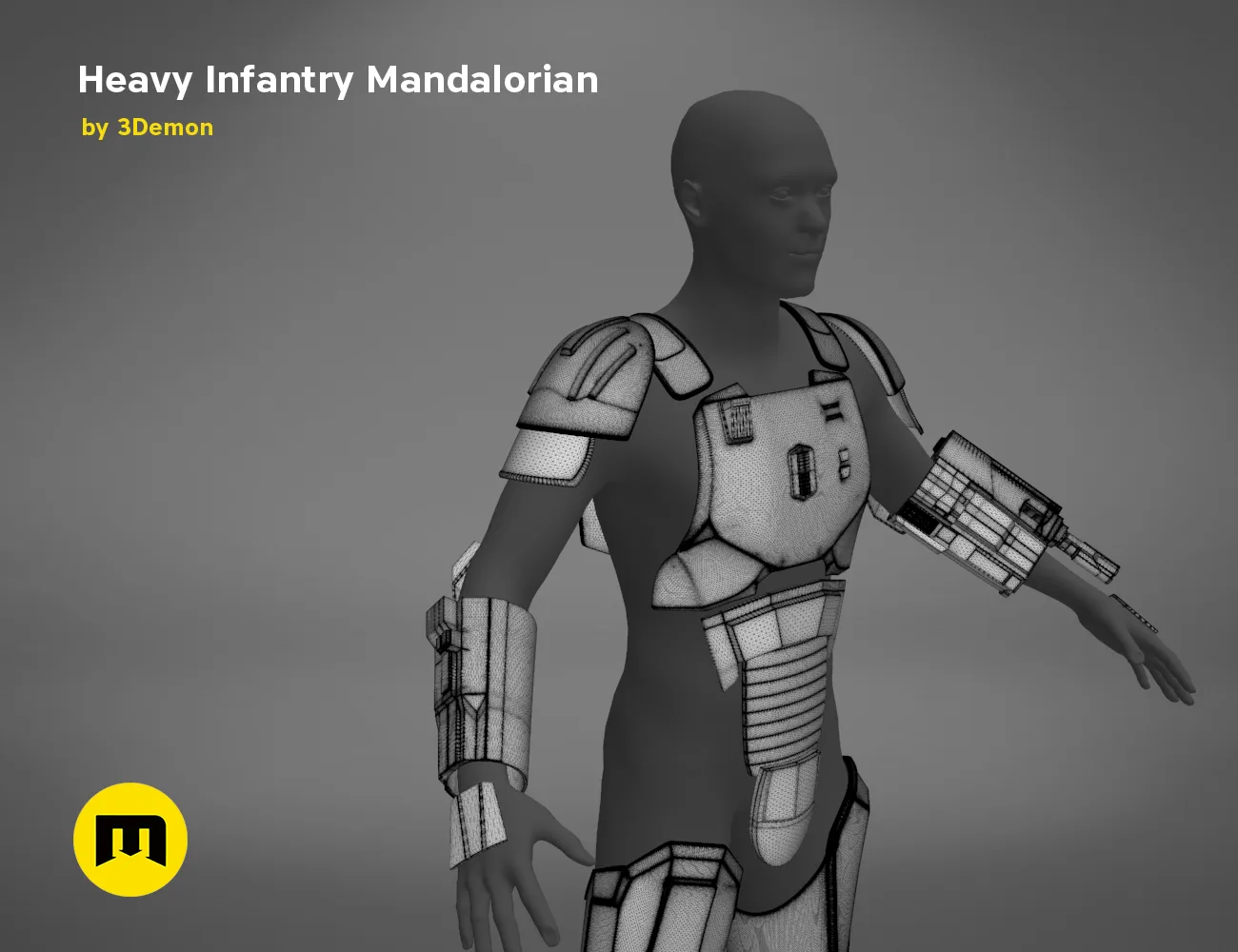 Printable 3D model of Heavy Infantry Mandalorian Armor, grey wireframe cosplay prop, side view