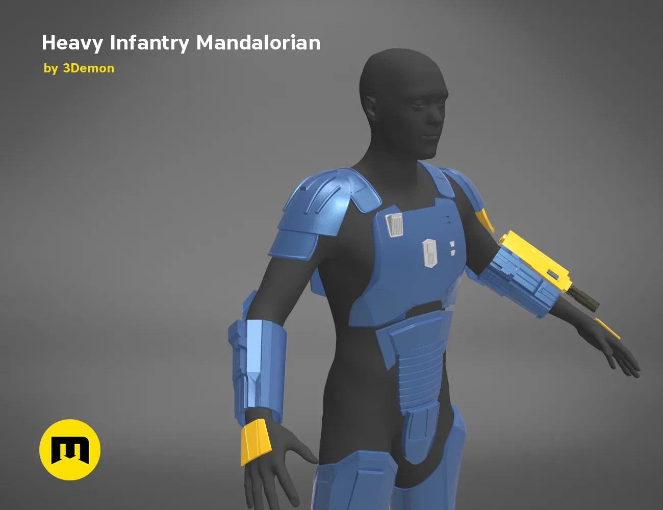 Rendered 3D model of Heavy Infantry Mandalorian Armor STL, blue textured cosplay prop with yellow weapon.