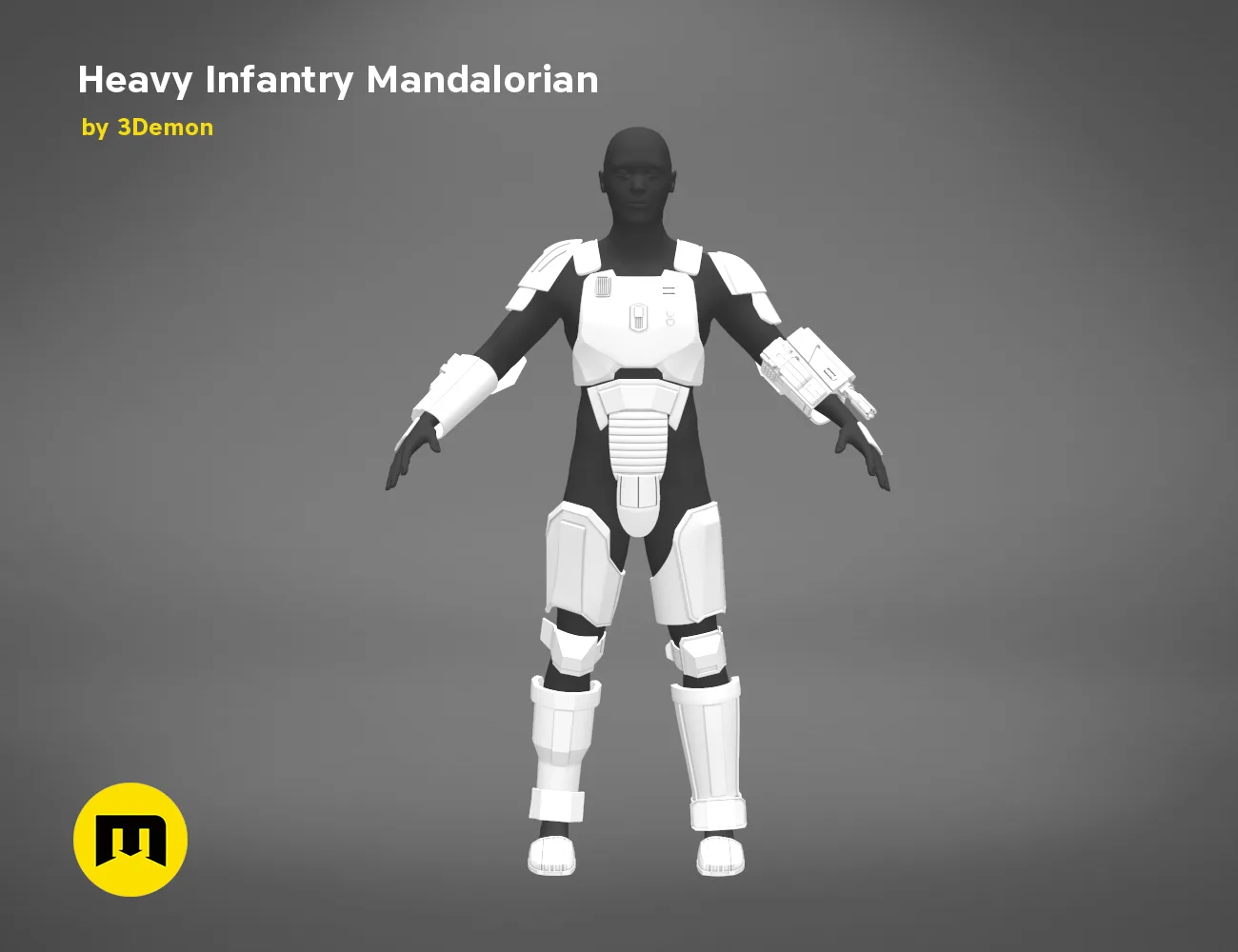 Heavy Infantry Mandalorian Armor STL, white and black 3D print cosplay prop, front view
