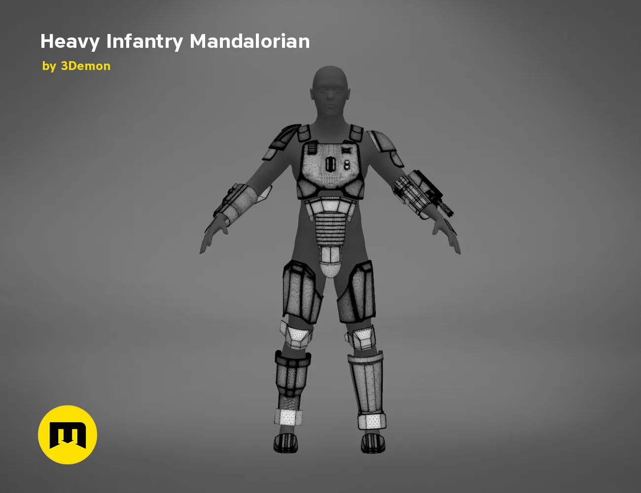Digital 3D render of Heavy Infantry Mandalorian Armor STL, grey wireframe cosplay prop, front view.