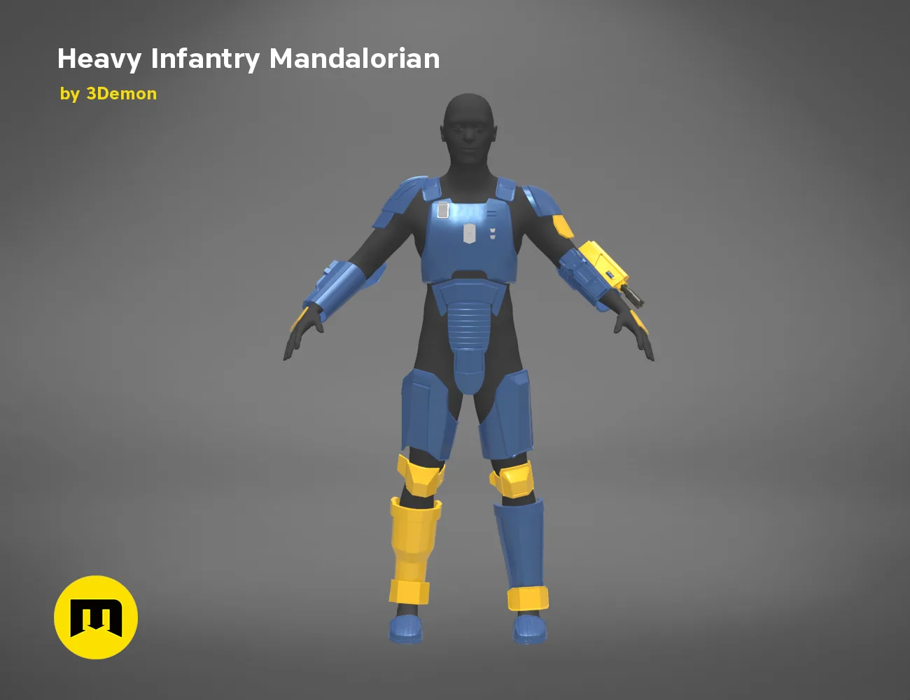 Heavy Infantry Mandalorian Armor STL, blue and yellow 3D print cosplay prop, front view