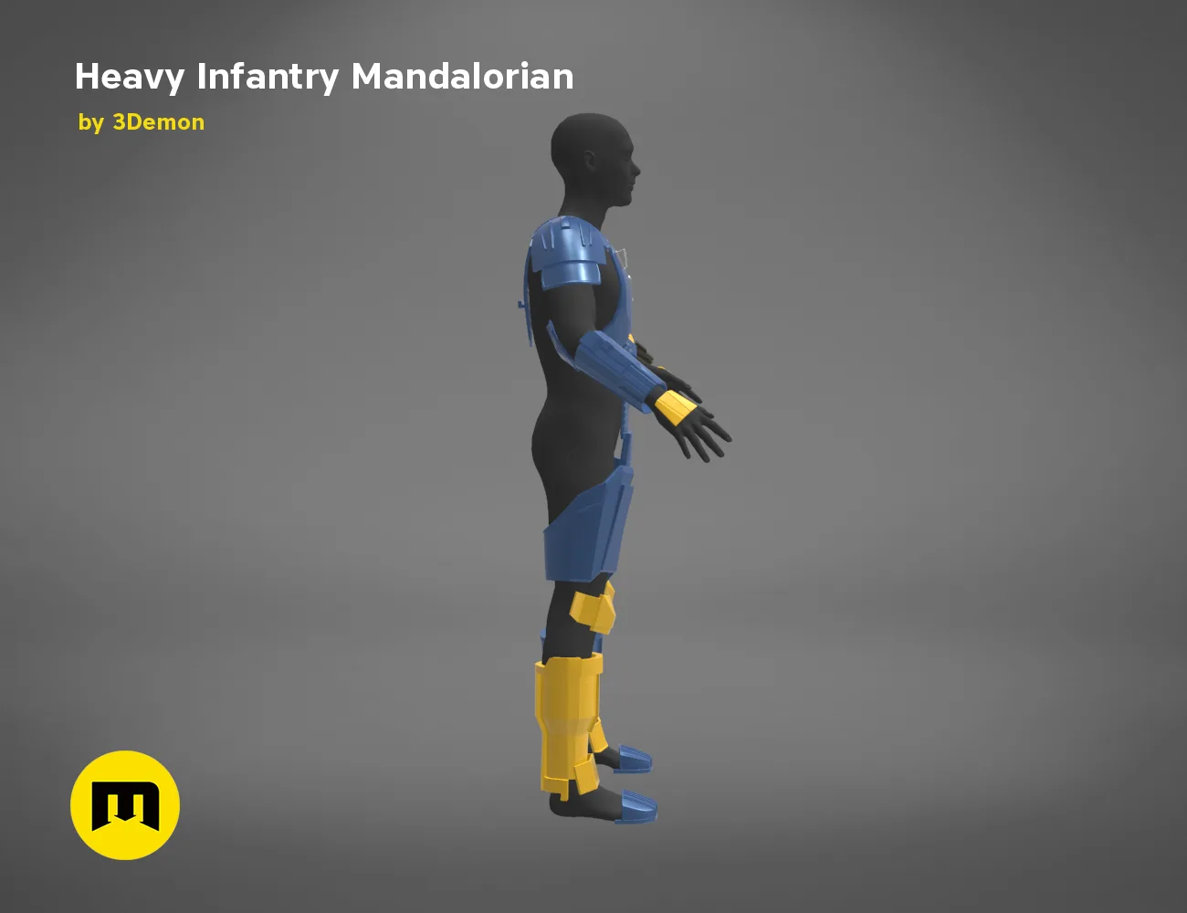 3D print preview of Heavy Infantry Mandalorian Armor, blue and yellow cosplay prop, side view