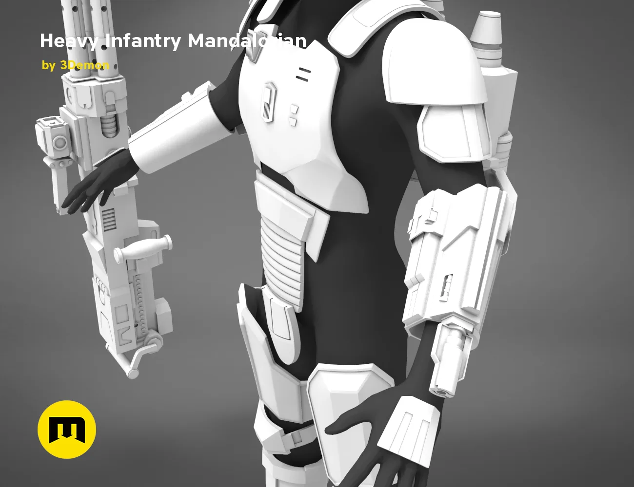 Painted 3D render of Heavy Infantry Mandalorian Armor, white cosplay prop with detailed shoulder pauldron.