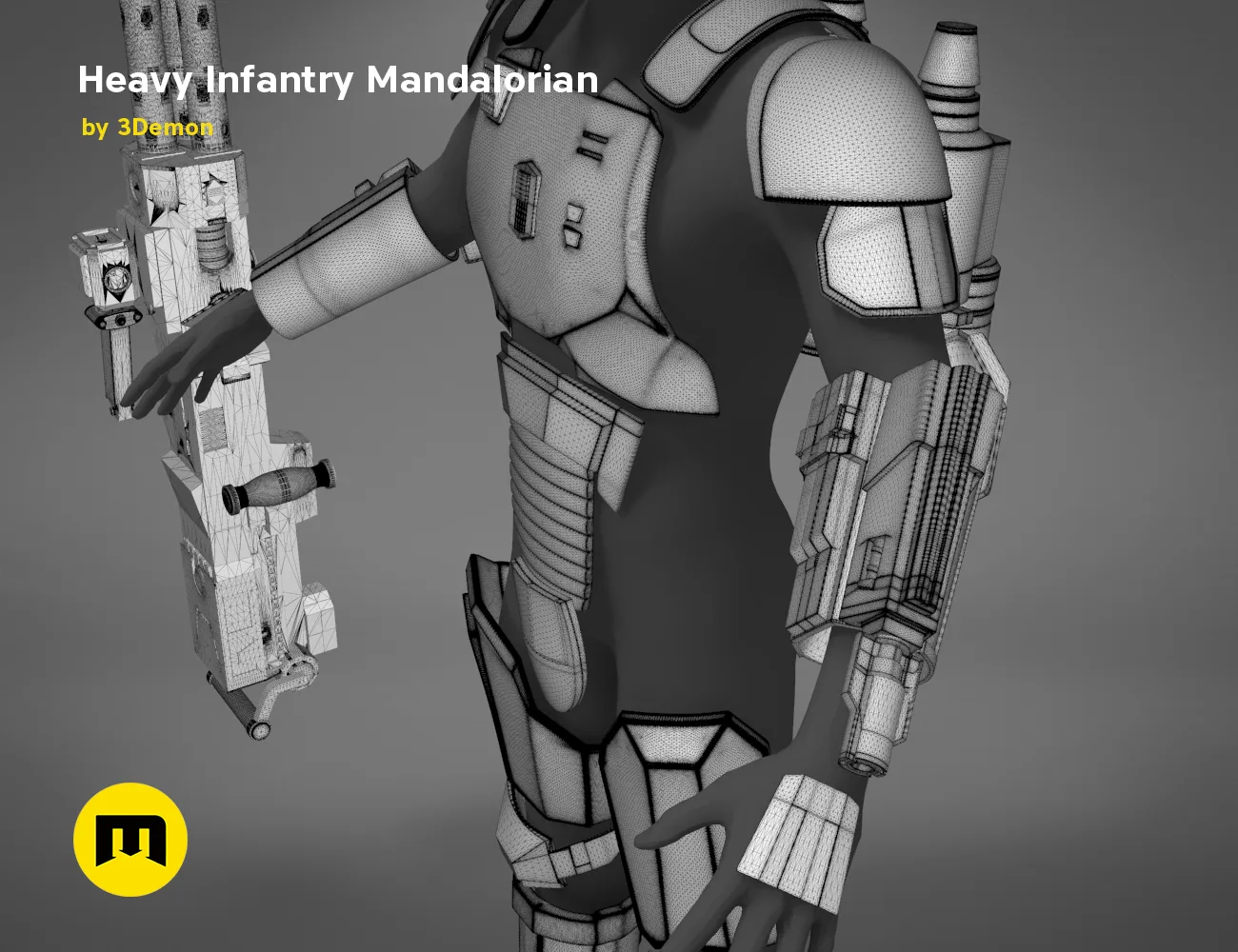 Wireframe mesh render of Heavy Infantry Mandalorian Armor STL, detailed side mesh topology, 3D print cosplay prop
