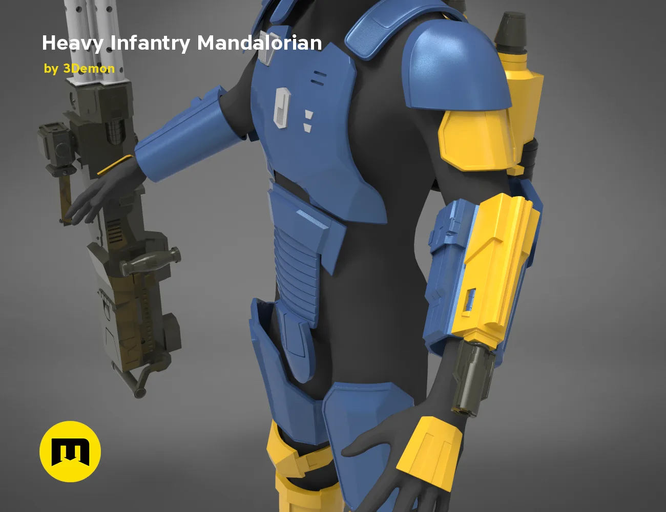 Painted 3D render of Heavy Infantry Mandalorian Armor, blue/yellow 3D print cosplay prop.