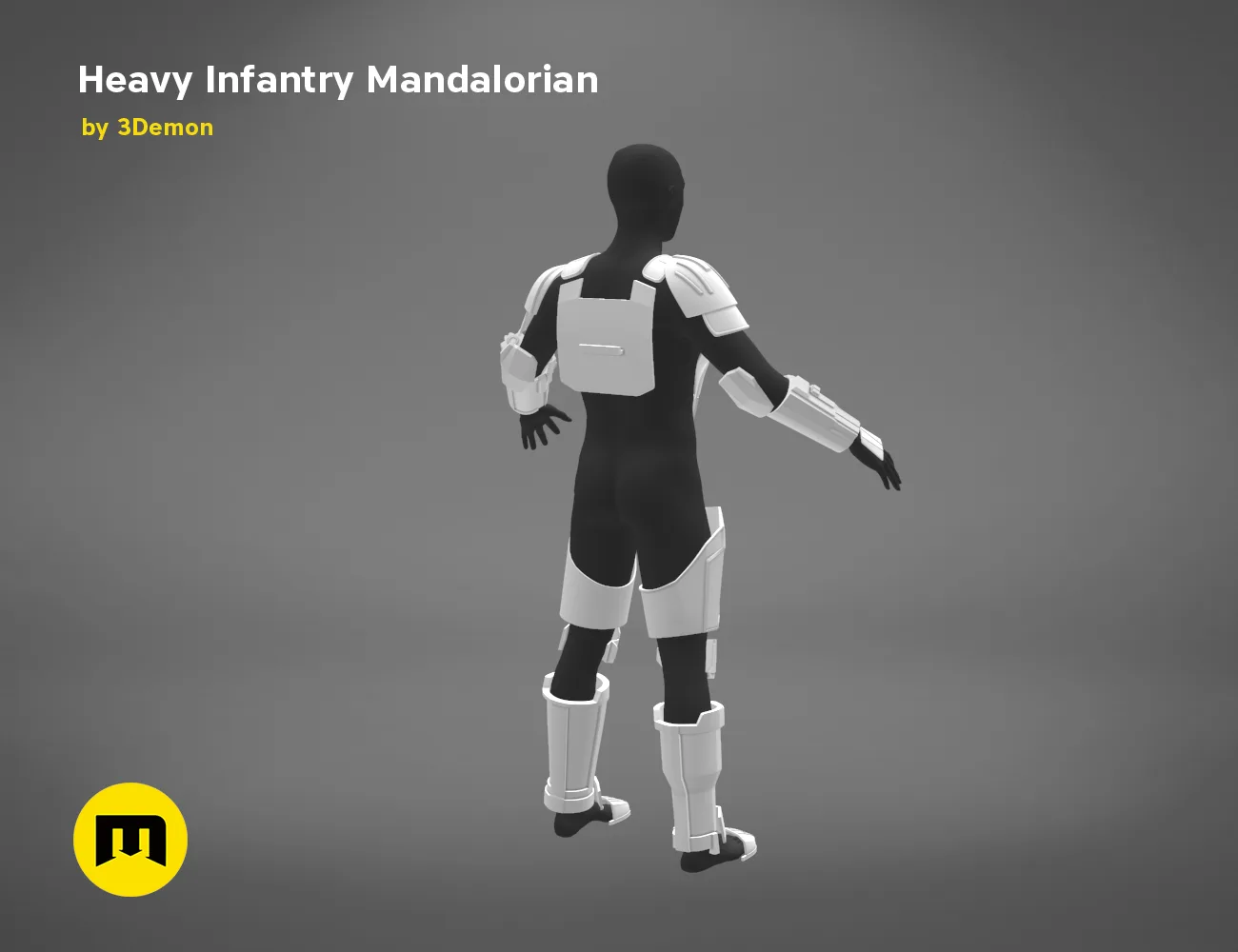 Heavy Infantry Mandalorian Armor STL, black and white 3D print cosplay prop, rear view