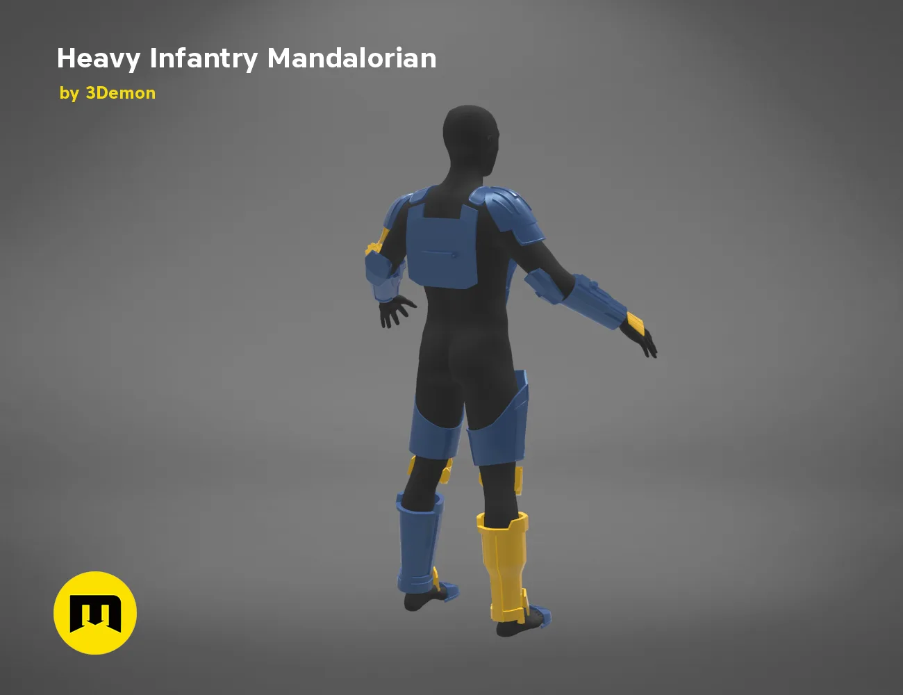 CAD render of Heavy Infantry Mandalorian Armor STL, blue and black 3D print cosplay armor, rear view.