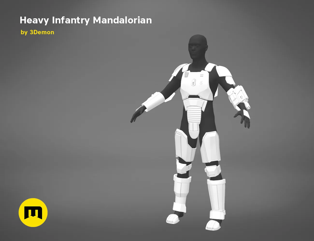 3D visualization of Heavy Infantry Mandalorian Armor STL, white and black 3D printed cosplay prop, front view