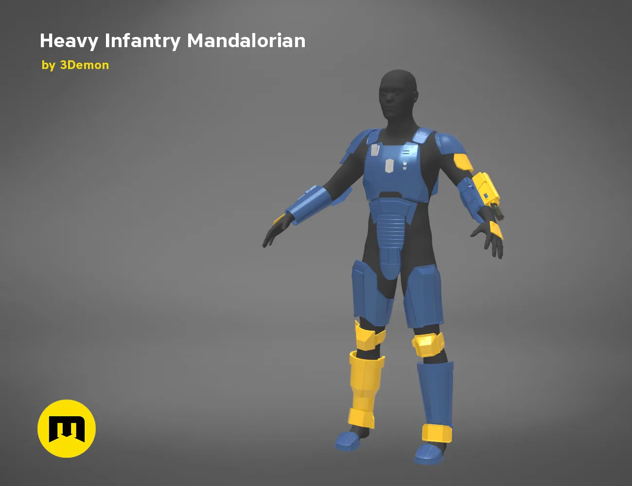 3D visualization of Heavy Infantry Mandalorian Armor STL, blue and yellow 3D printed cosplay armor.