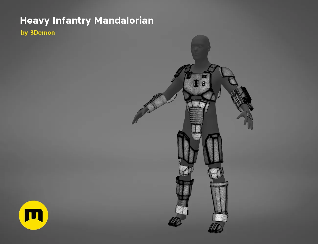 Wireframe mesh render of Heavy Infantry Mandalorian Armor STL, grey side polygon structure, 3D print cosplay prop