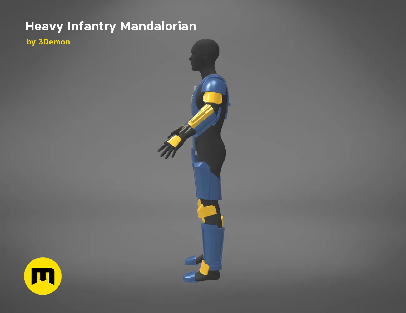 Printable 3D model of Heavy Infantry Mandalorian Armor, blue/black/yellow 3D print cosplay prop.