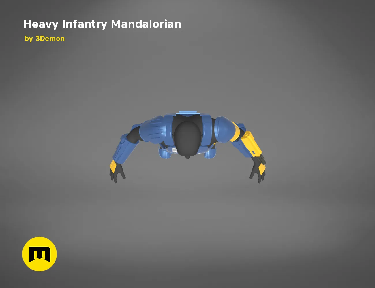 Digital 3D render of Heavy Infantry Mandalorian Armor, blue and black cosplay prop, side view 3D print.