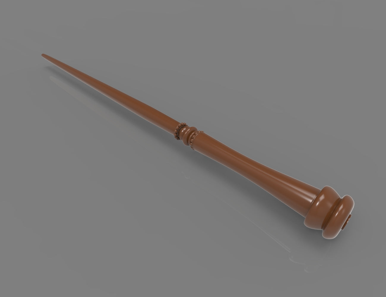 Painted 3D render of Rufus Scrimgeour magic wand STL with dark brown cylindrical grip and flat disc pommel in diagonal top-down view