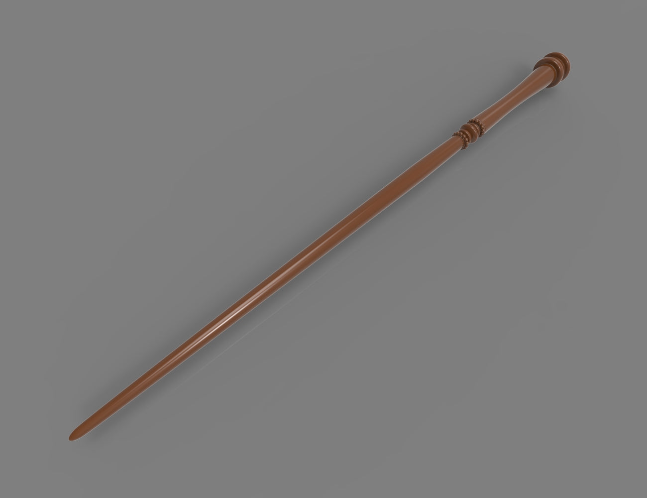 Painted 3D render of Rufus Scrimgeour spellcasting wand STL showing disc pommel upper right with collar detail and slim tapered body