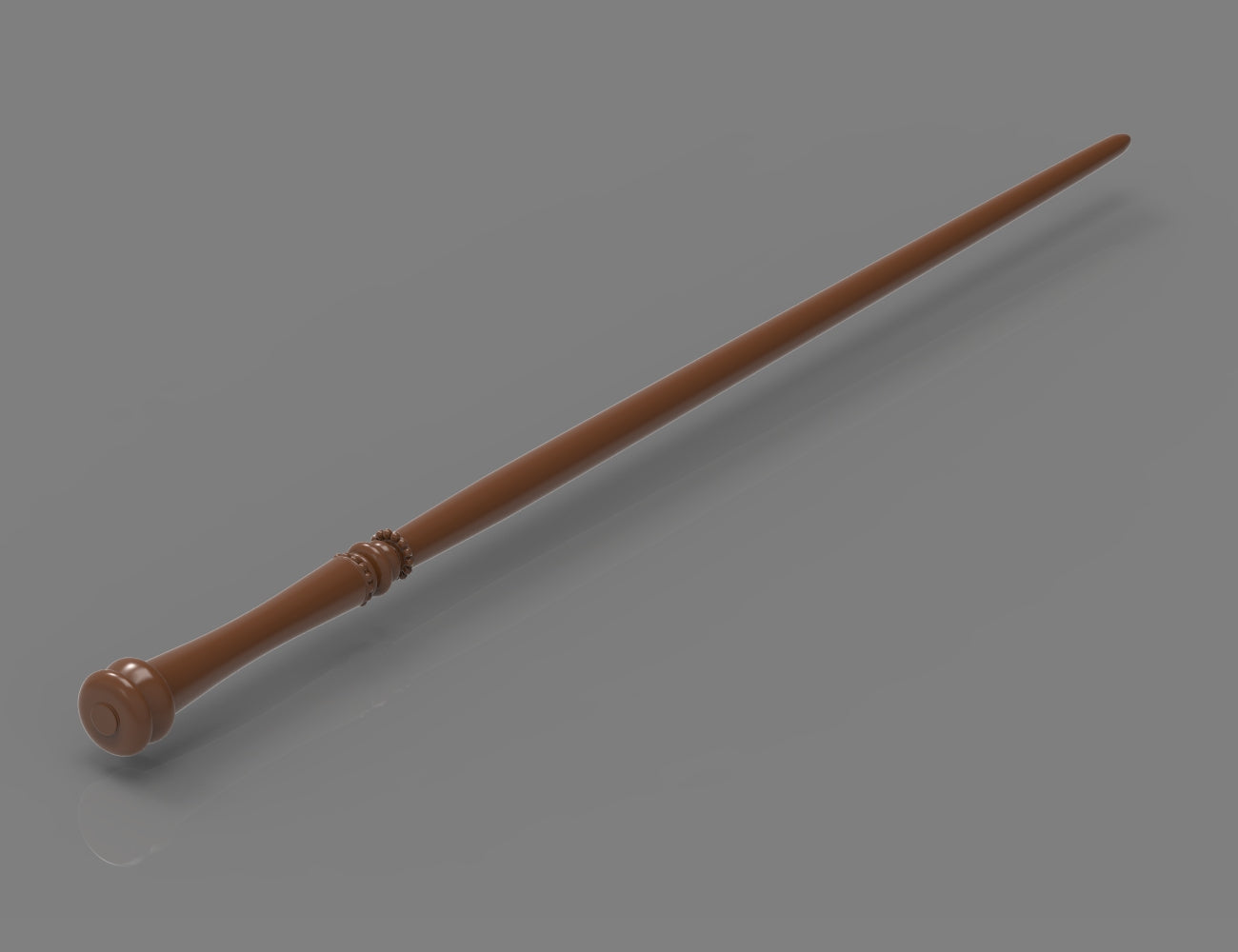 Painted 3D render of Rufus Scrimgeour wizard wand STL with rounded pommel at lower left and slender tapered shaft extending diagonally