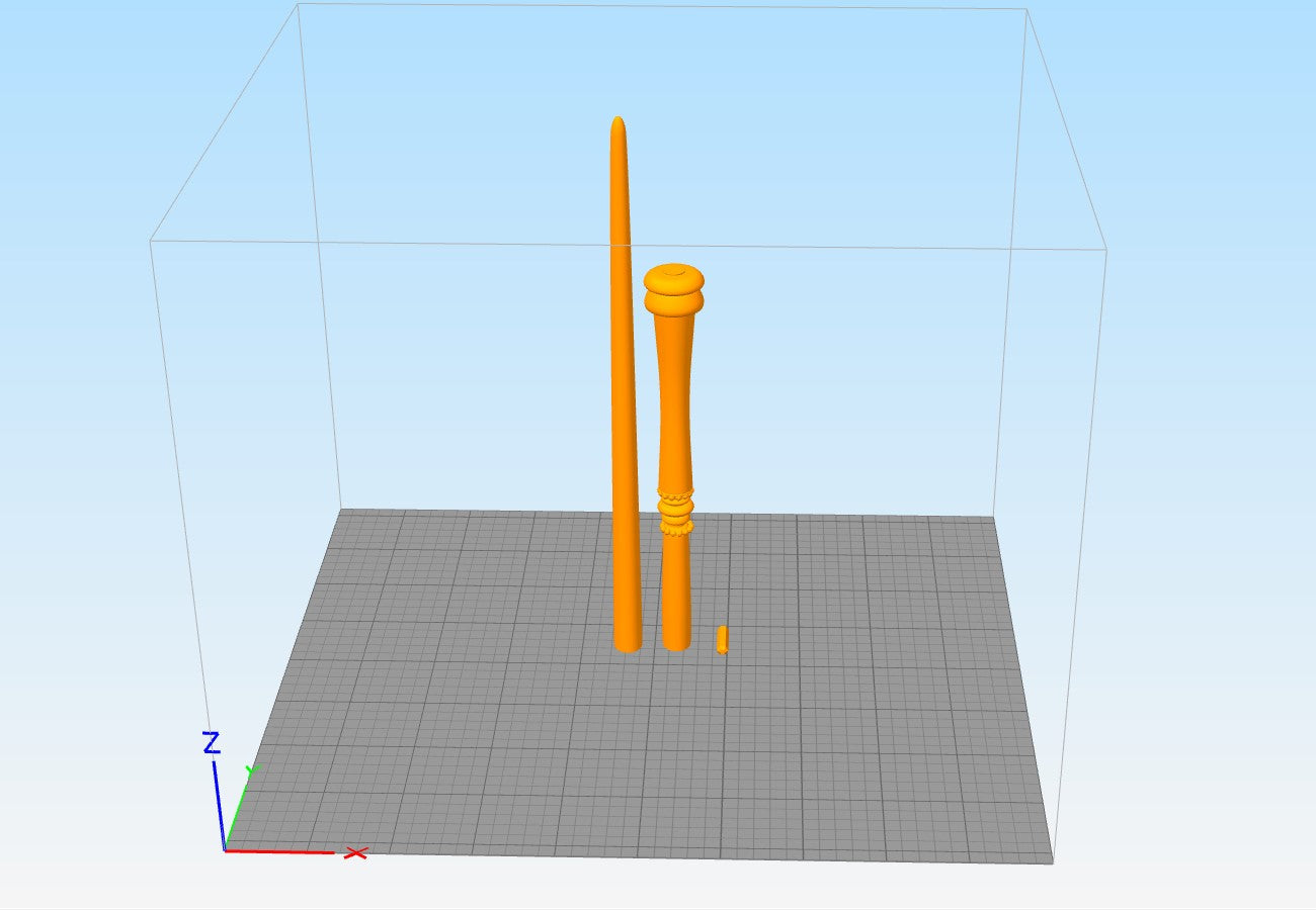 Slicer screenshot of Rufus Scrimgeour wand prop STL showing the shaft and disc-pommel part standing upright on a virtual 3D print bed