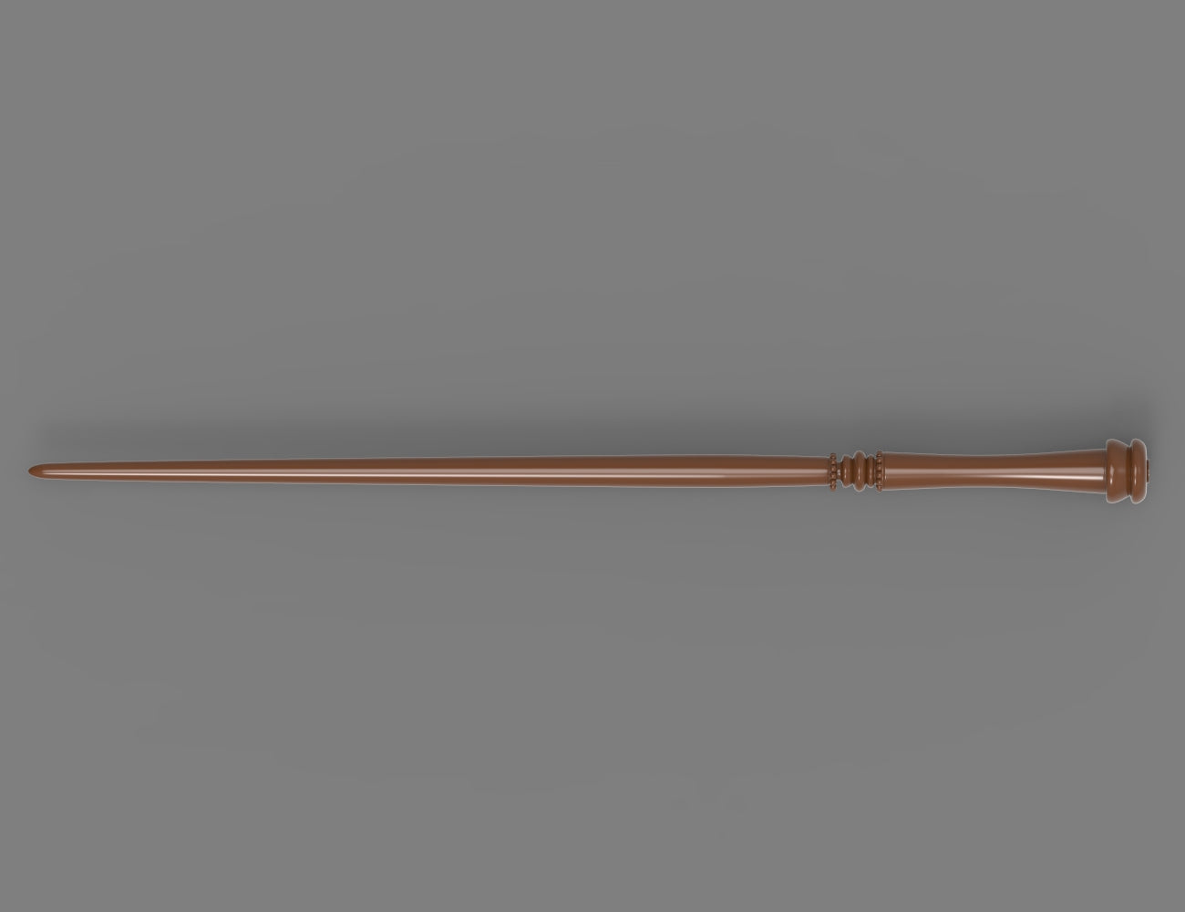 Top-view painted 3D render of Rufus Scrimgeour sorcerer's wand STL lying horizontally with flared trumpet end on the right