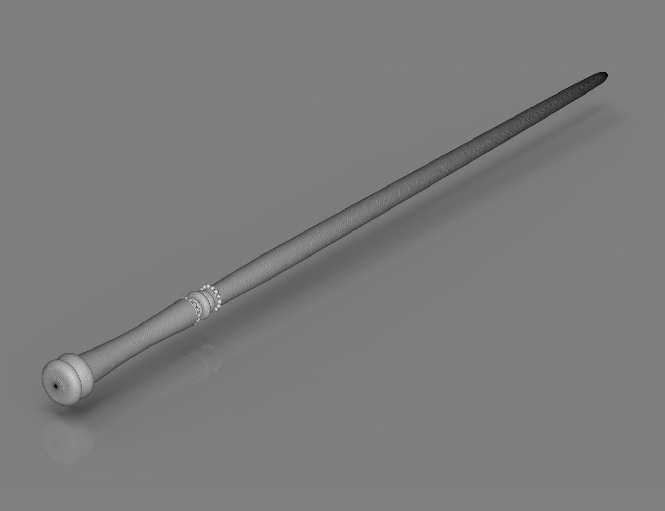 Wireframe mesh render of Rufus Scrimgeour conjuring wand STL showing full polygon topology from the tip to the disc-top handle
