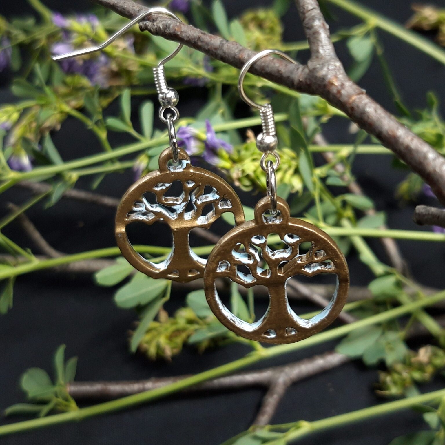 Digital 3D render of Celtic Tree Of Life Earrings Design A, intricate gold-toned filigree, 3D printed accessory.