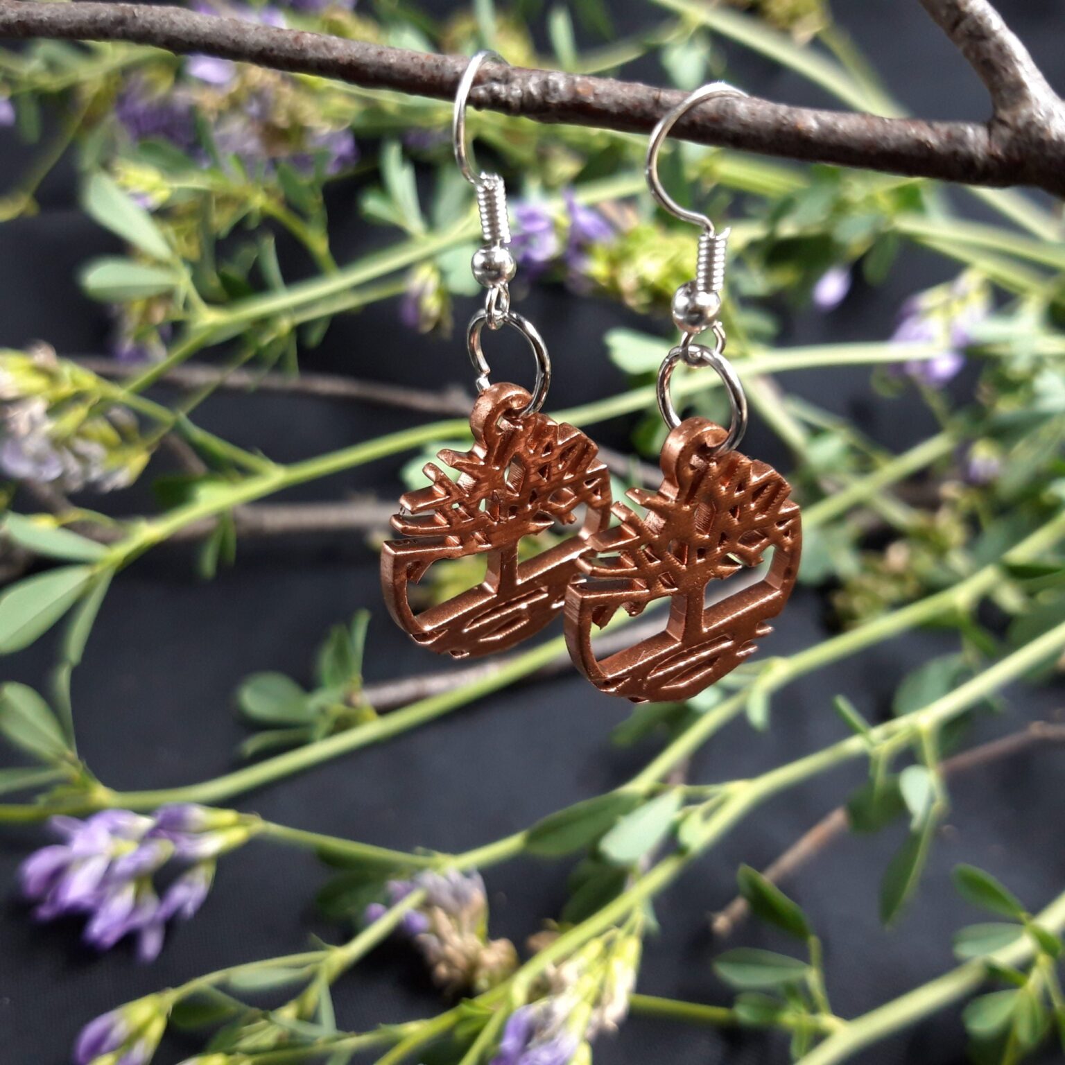 Digital 3D render of Celtic Tree Of Life Earrings Design B, copper-toned 3D printed accessory with intricate knotwork.