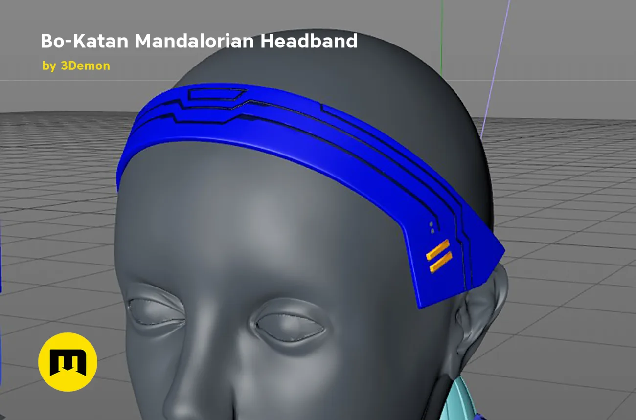 3D model render of Bo-Katan Mandalorian Headband STL, blue headpiece with yellow symbols, Star Wars cosplay accessory