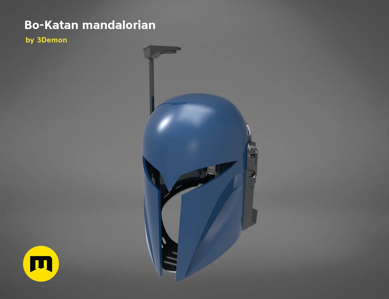 3D model render of Bo-Katan Mandalorian helmet, blue metallic STL, side view cosplay prop