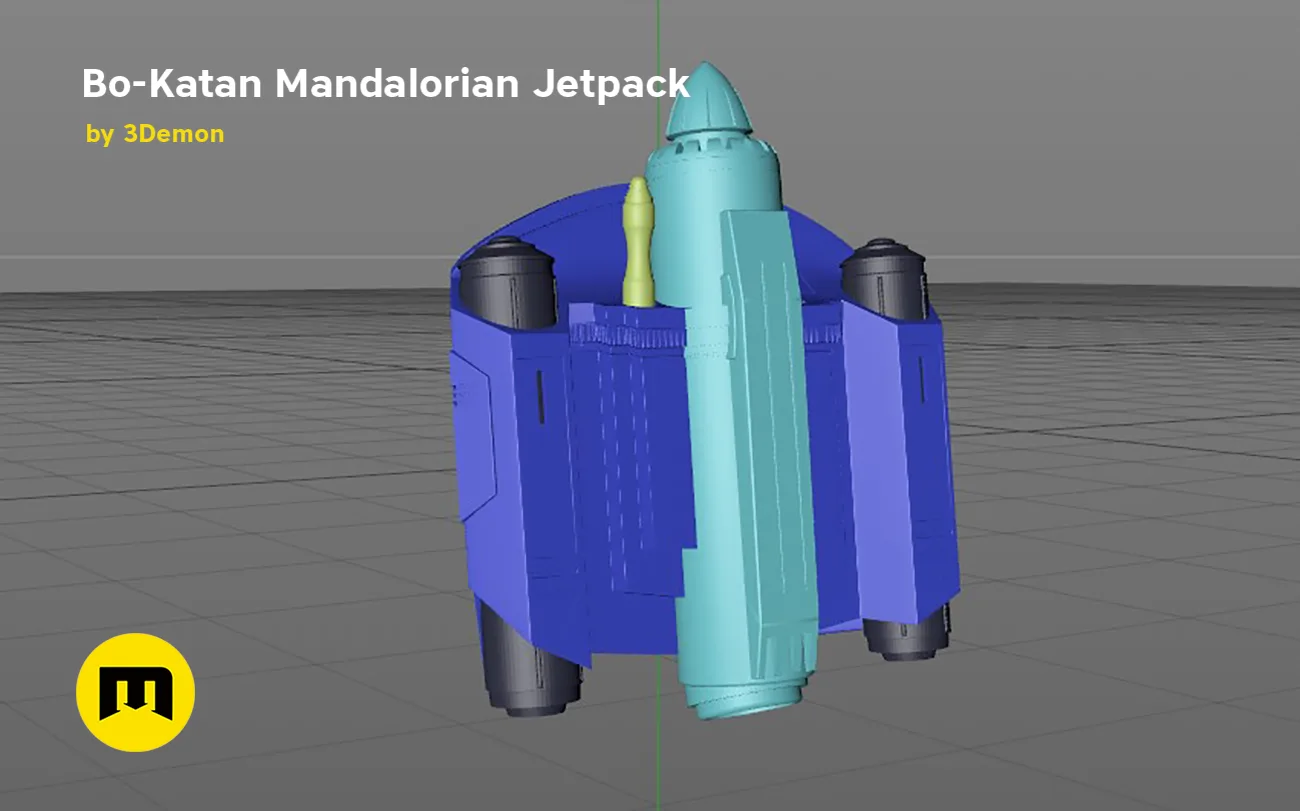 3D model render of Bo-Katan Mandalorian Jetpack, blue and cyan sci-fi cosplay prop, side view