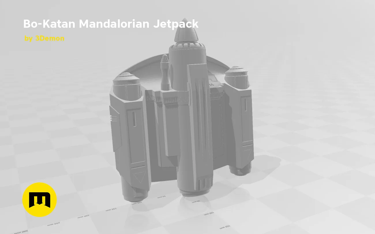 3D model render of Bo-Katan Mandalorian Jetpack STL, grey wireframe Mandalorian armor detail