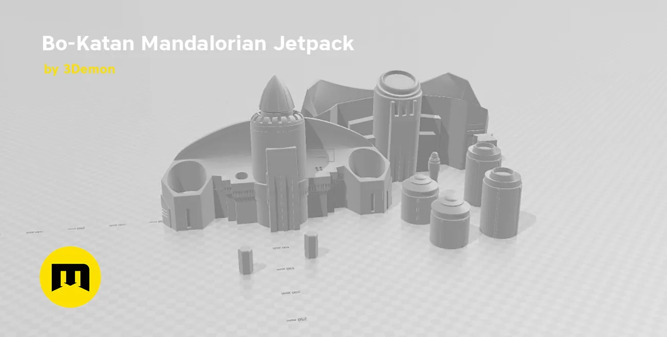 3D visualization of Bo-Katan Mandalorian Jetpack, exploded view of Mandalorian armor prop